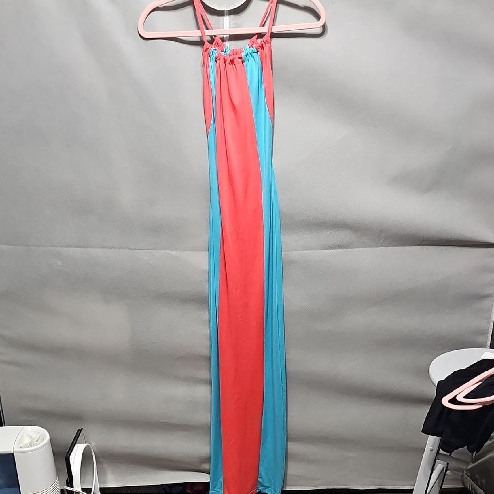 Colorblock Maxi Dress — Coral & Aqua Panels